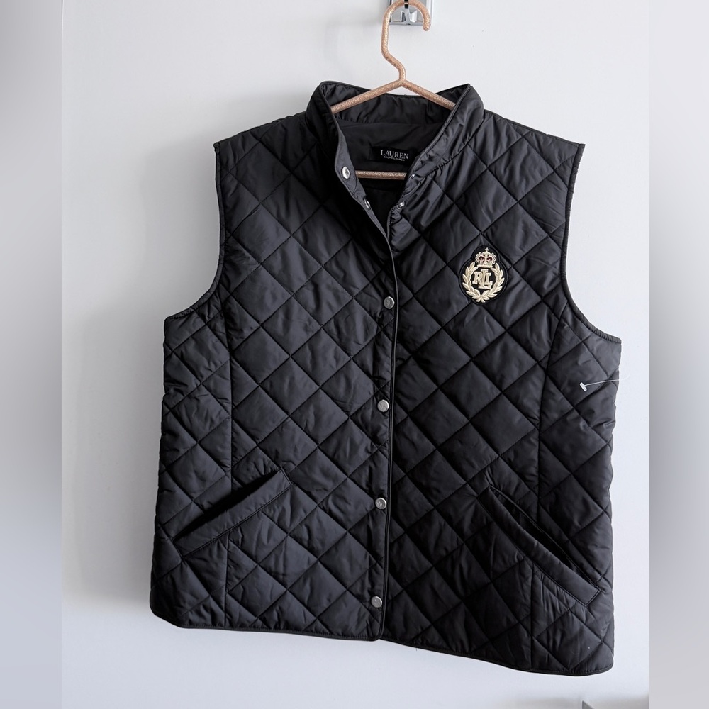 Lauren Ralph Lauren Women’s Crest Logo Diamond Quilted Vest Black Size L NEW